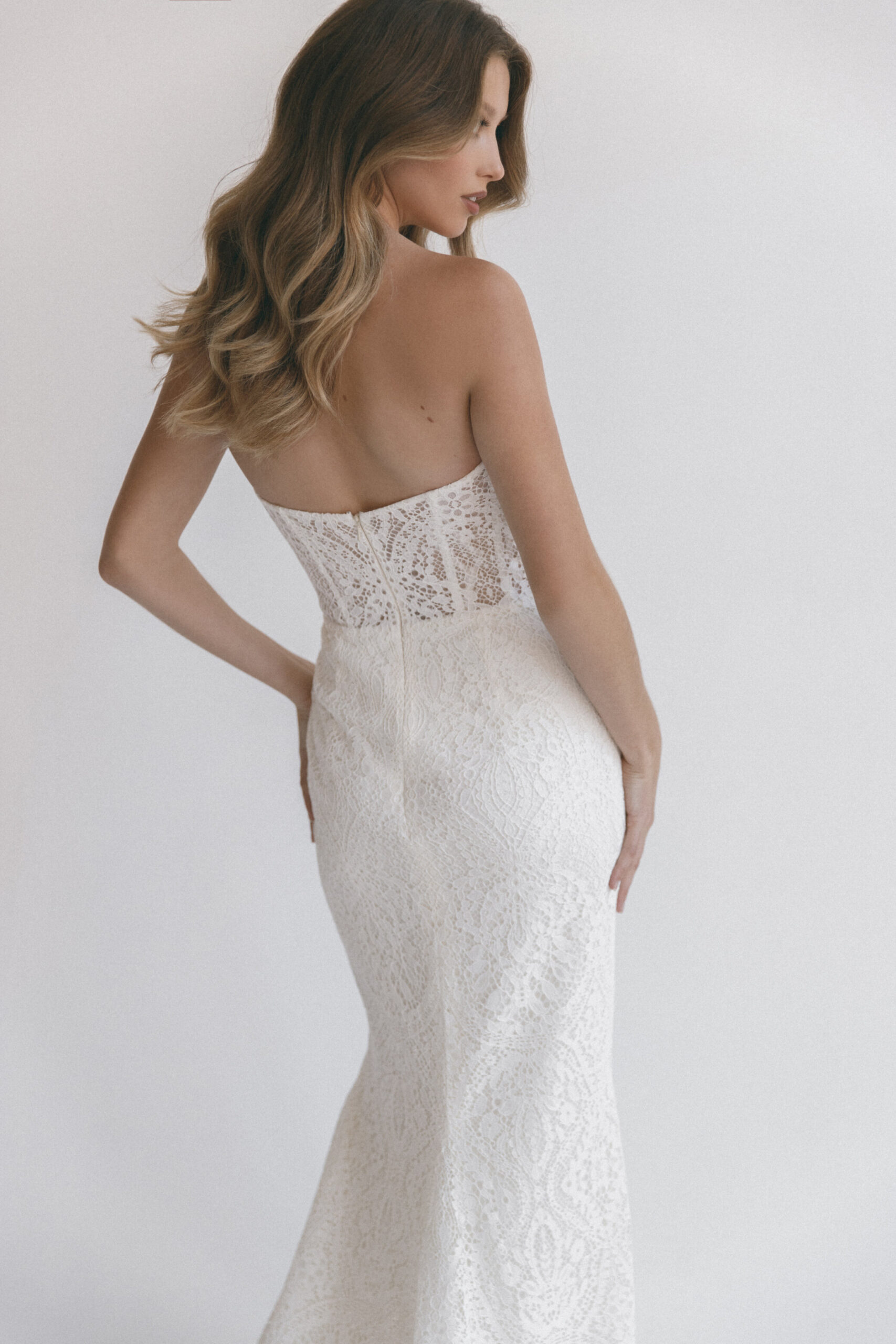 knee length dresses for ladies Sheer-Bodice Long White Lace Formal Dress main image 1